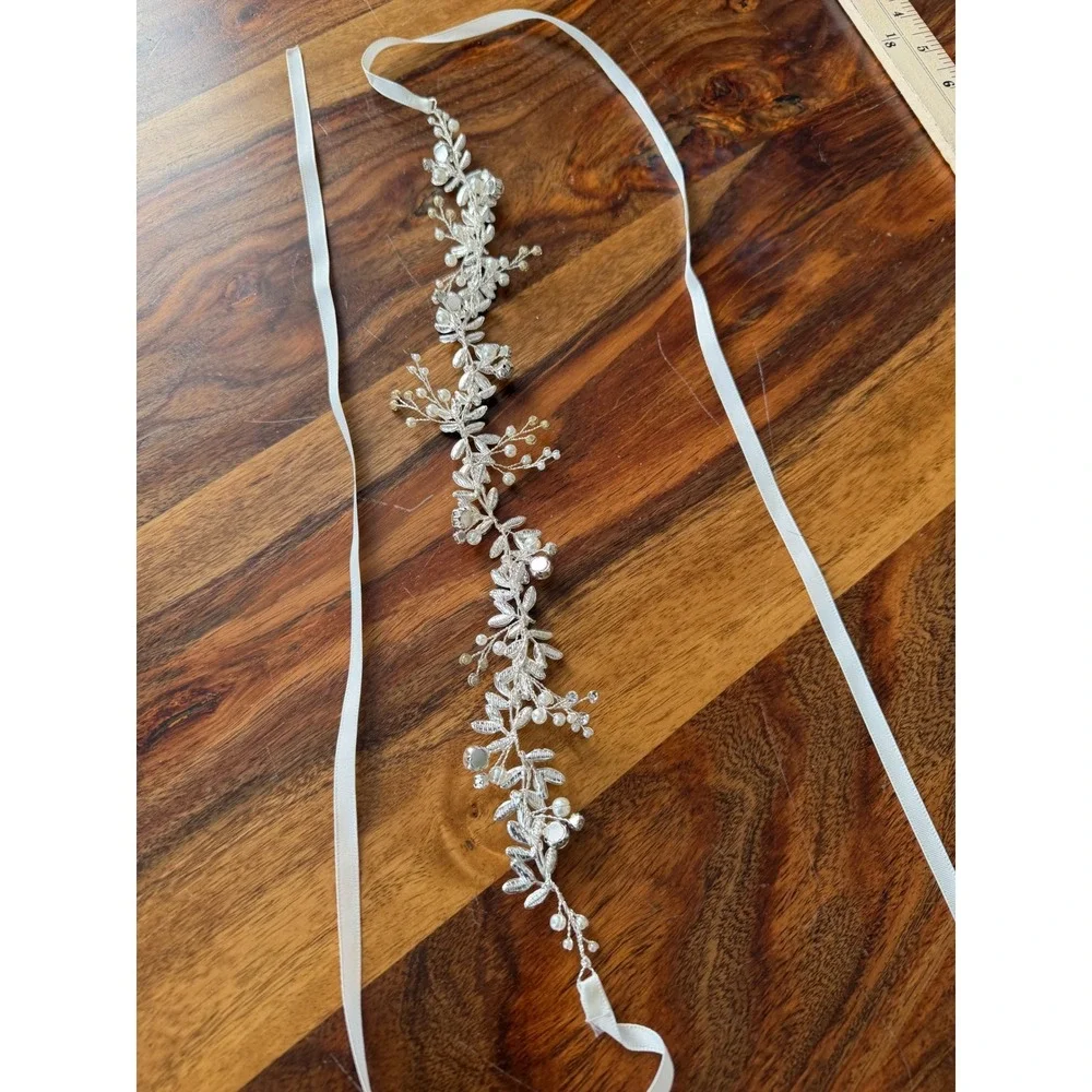 Silver Rhinestone Pearl‎ Bridal Sash Wedding Hair Vine Floral Leaf Ribbon Bride